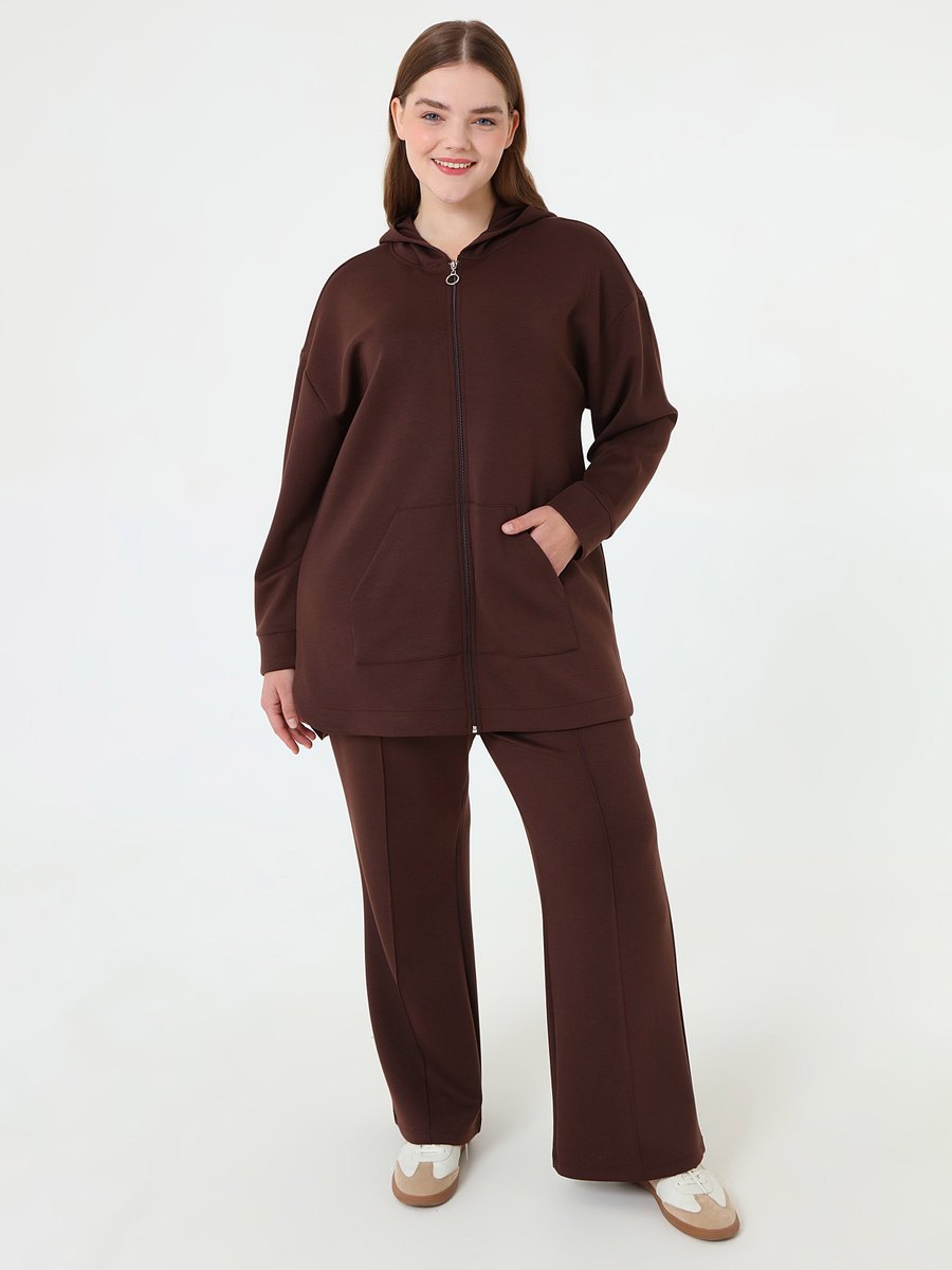 Alia Kahverengi Fermuarlı Kapuşonlu Spor Sweatshirt & Pantolon Büyük Beden Takım Alia Kahverengi Fermuarlı Kapuşonlu Spor Sweatshirt & Pantolon Büyük Beden Takım