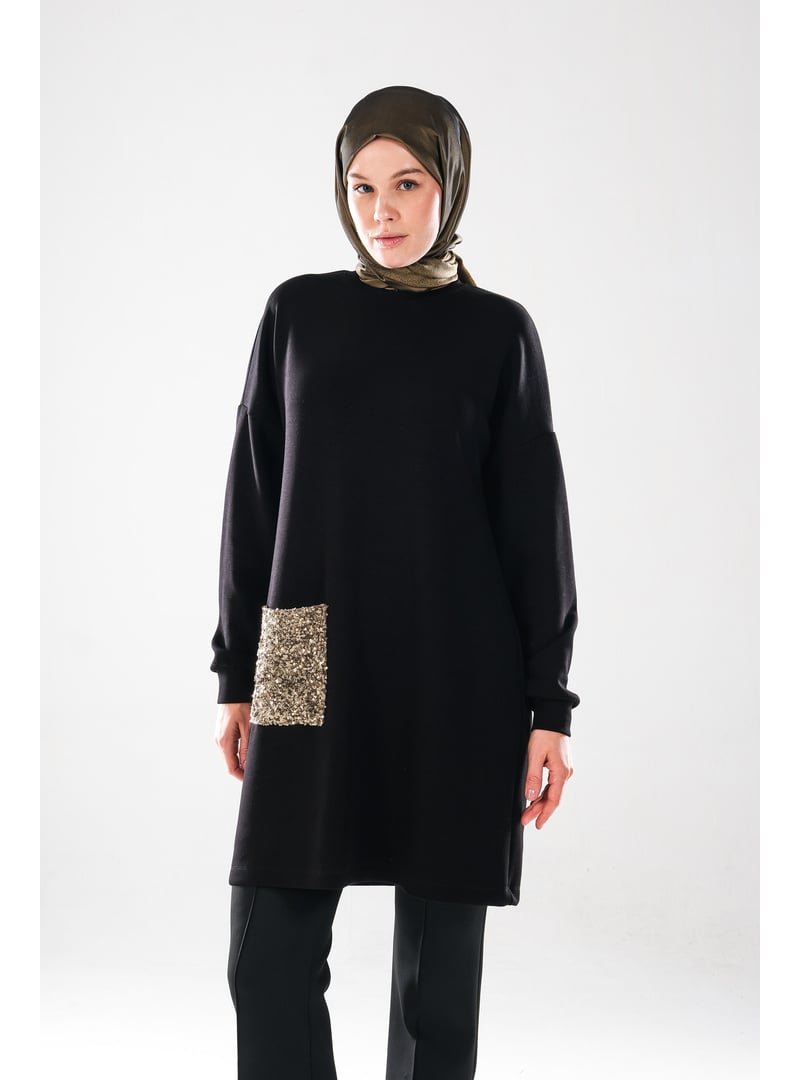 Plistre Bisiklet Yaka, Uzun Kollu, Şık Günlük / Abiye 2288_ Altın Payet Cepli Siyah Tunik