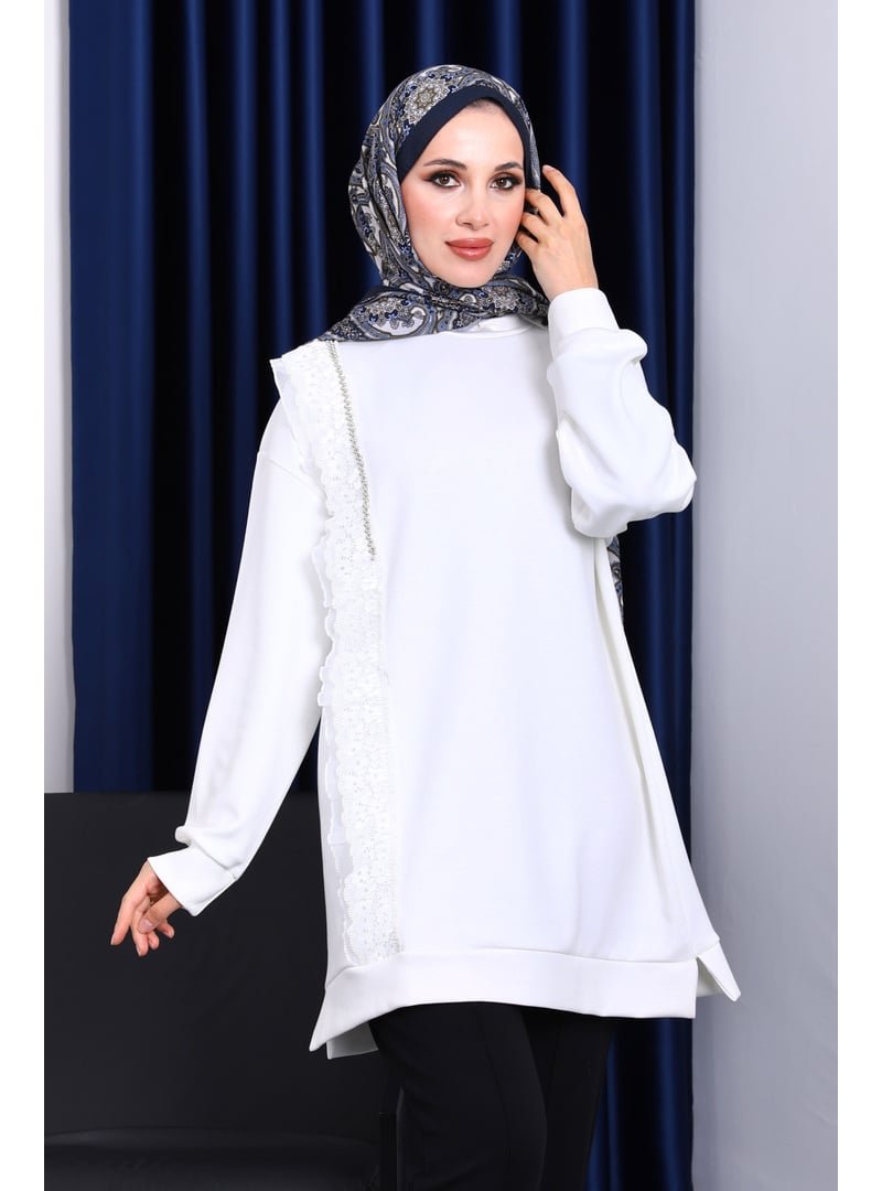 İmaj Butik Ekru Dik Yaka Tül İşlemeli Tunik