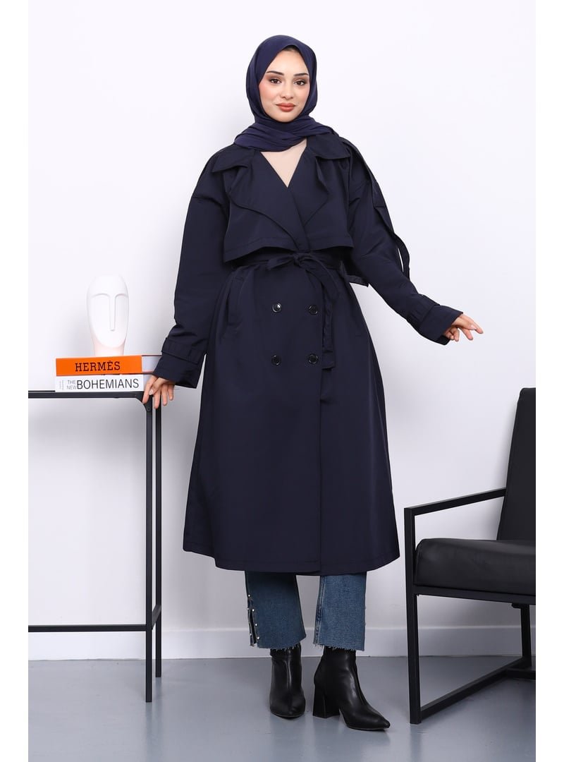 İmaj Butik Lacivert Kruvaze Yaka Astarlı Trençkot