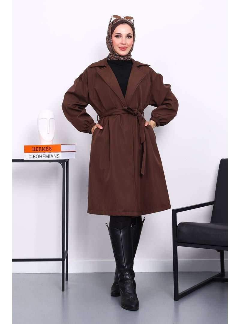 İmaj Butik Kahverengi Kruvaze Yaka Kuşaklı Trençkot