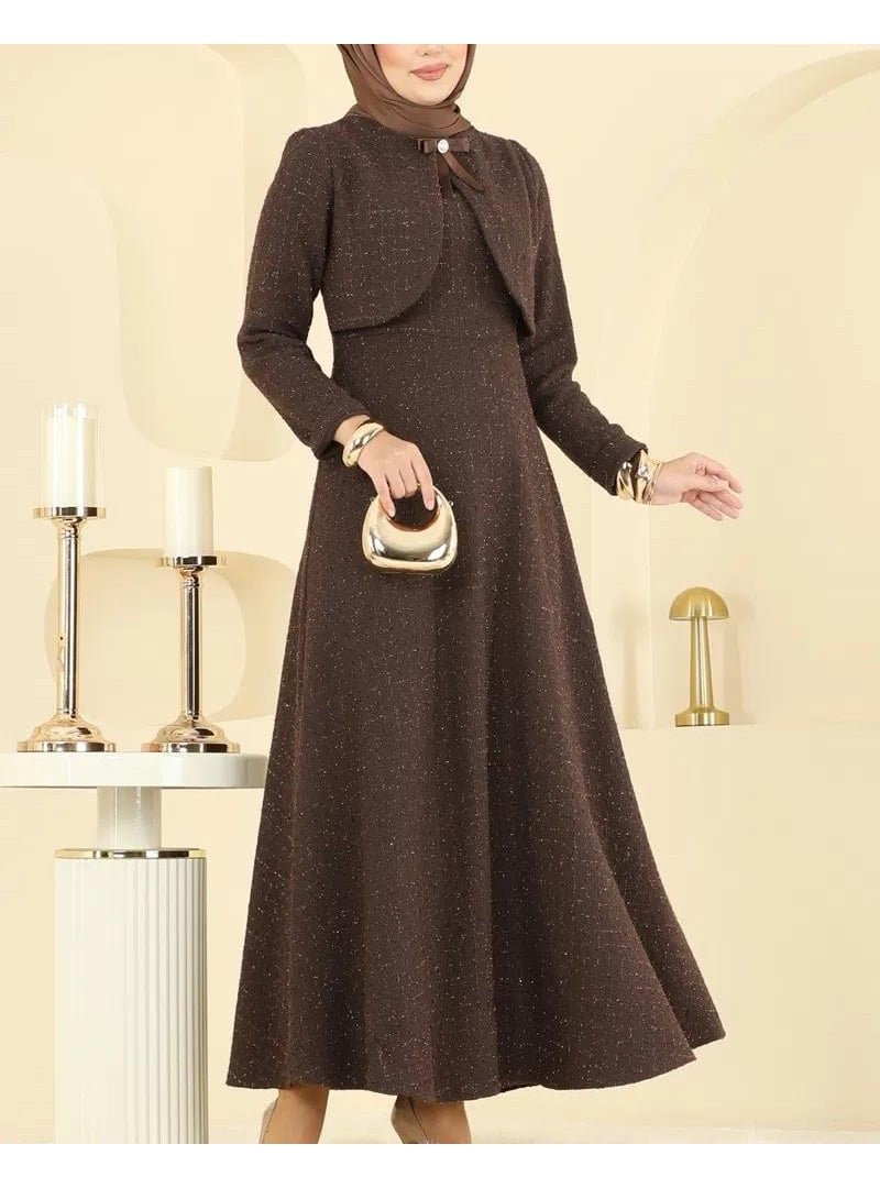 Podyumplus Kahve Ceket Detaylı Simli Broşlu Elbise