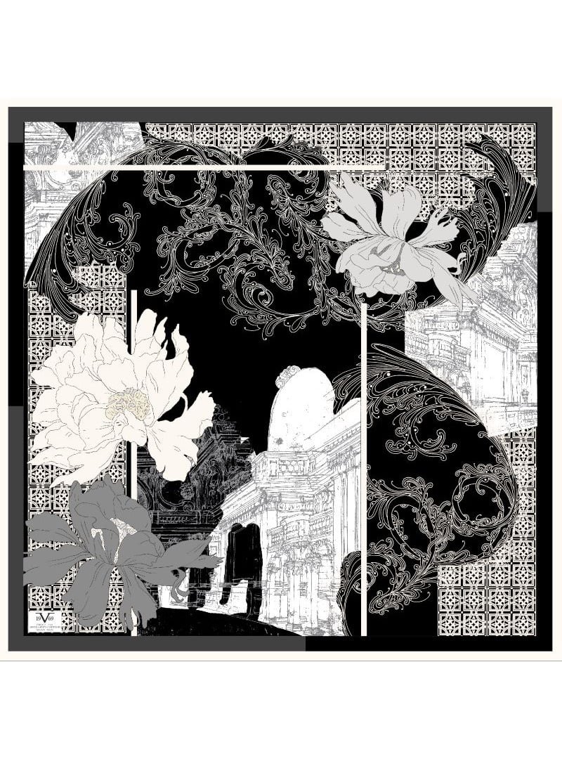 19v69 ITALIA Beyaz Desenli Kışlık İtalyan Şifon Eşarp Askısı İle Birlikte 110x110 Cm