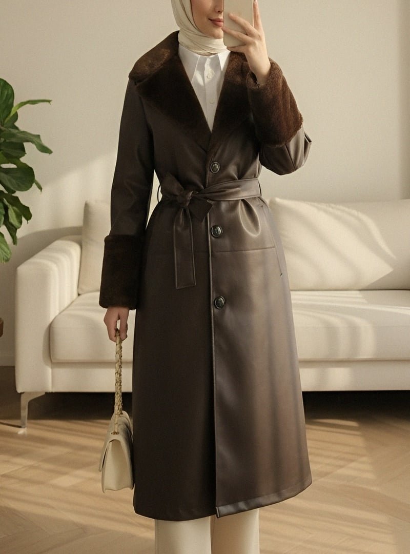 Podyumplus K. Kahve Kürklü Önü Düğmeli Kemerli Deri Pardesü