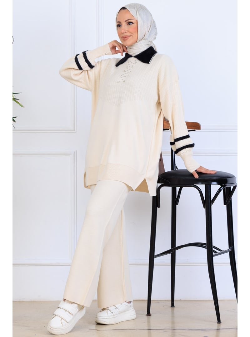 Benguen Taş Rengi İşlemeli Triko Takım