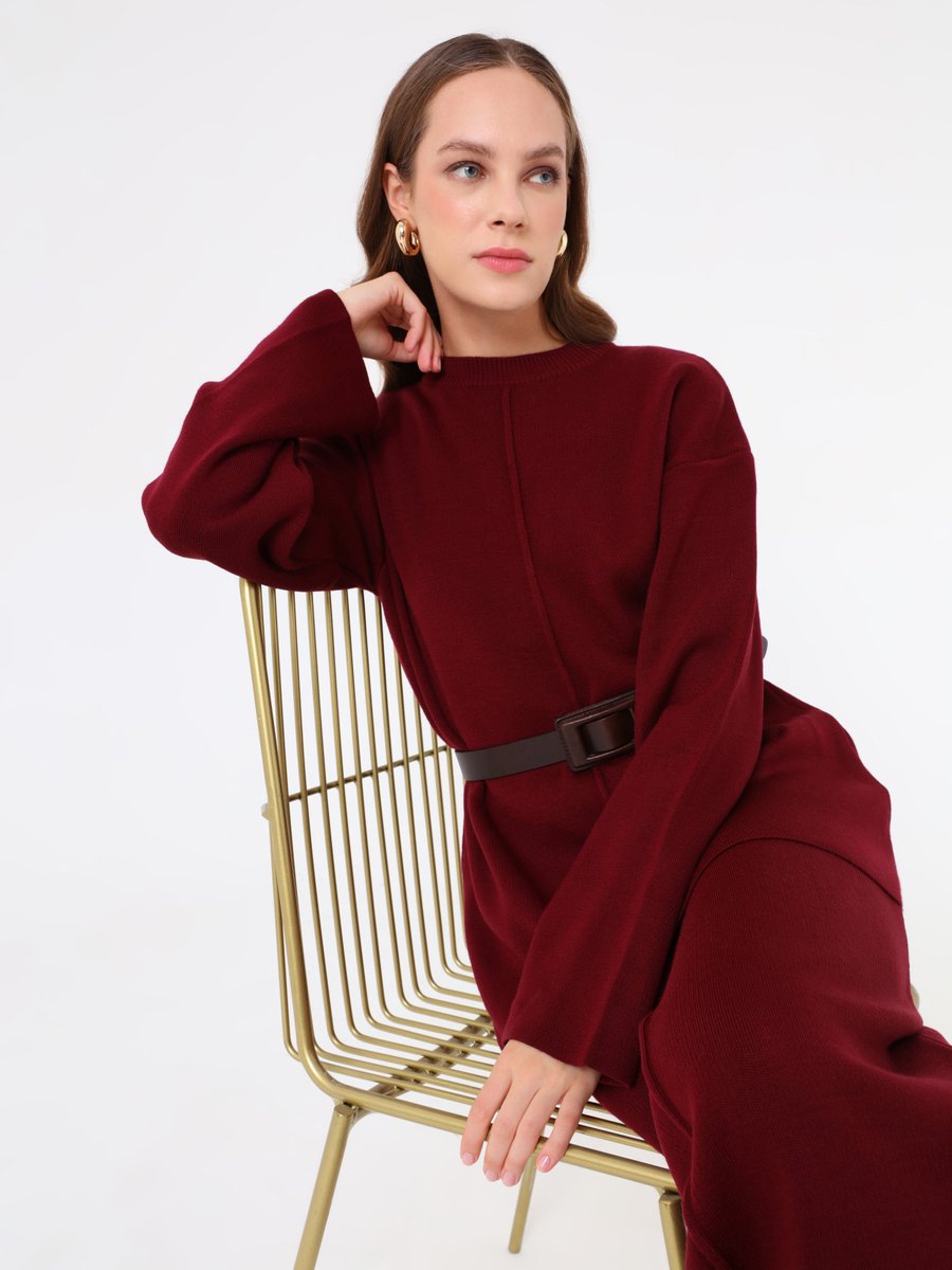 Refka Bordo Önü Dikiş Detaylı Tunik & Etek Triko Takım