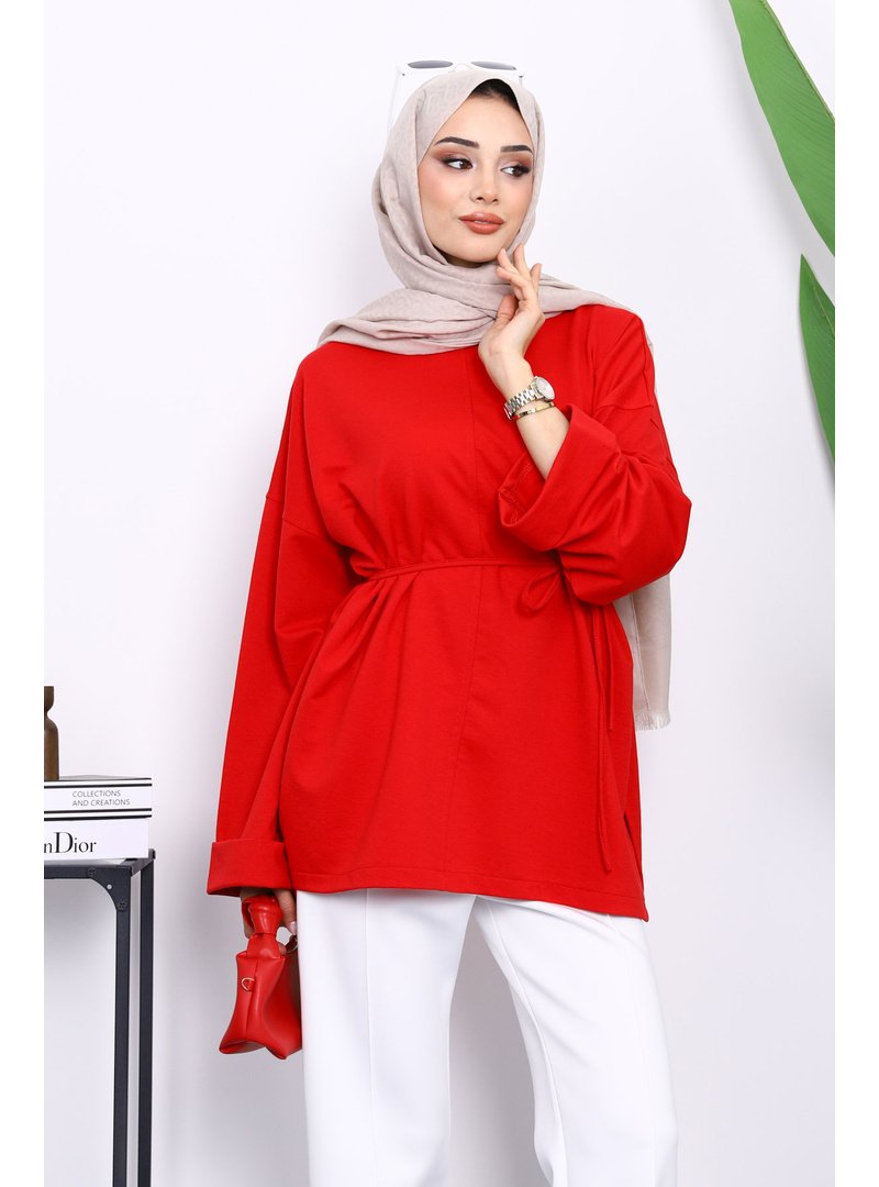 İmaj Butik Kırmızı Yanları Yırtmaçlı Bel İpli Tunik