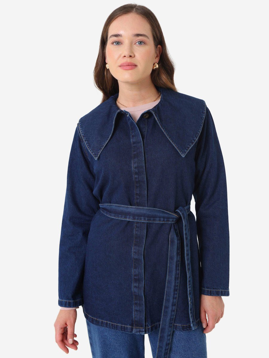 Refka Acik Lacivert Geniş Yaka Detaylı Kemerli Denim Ceket