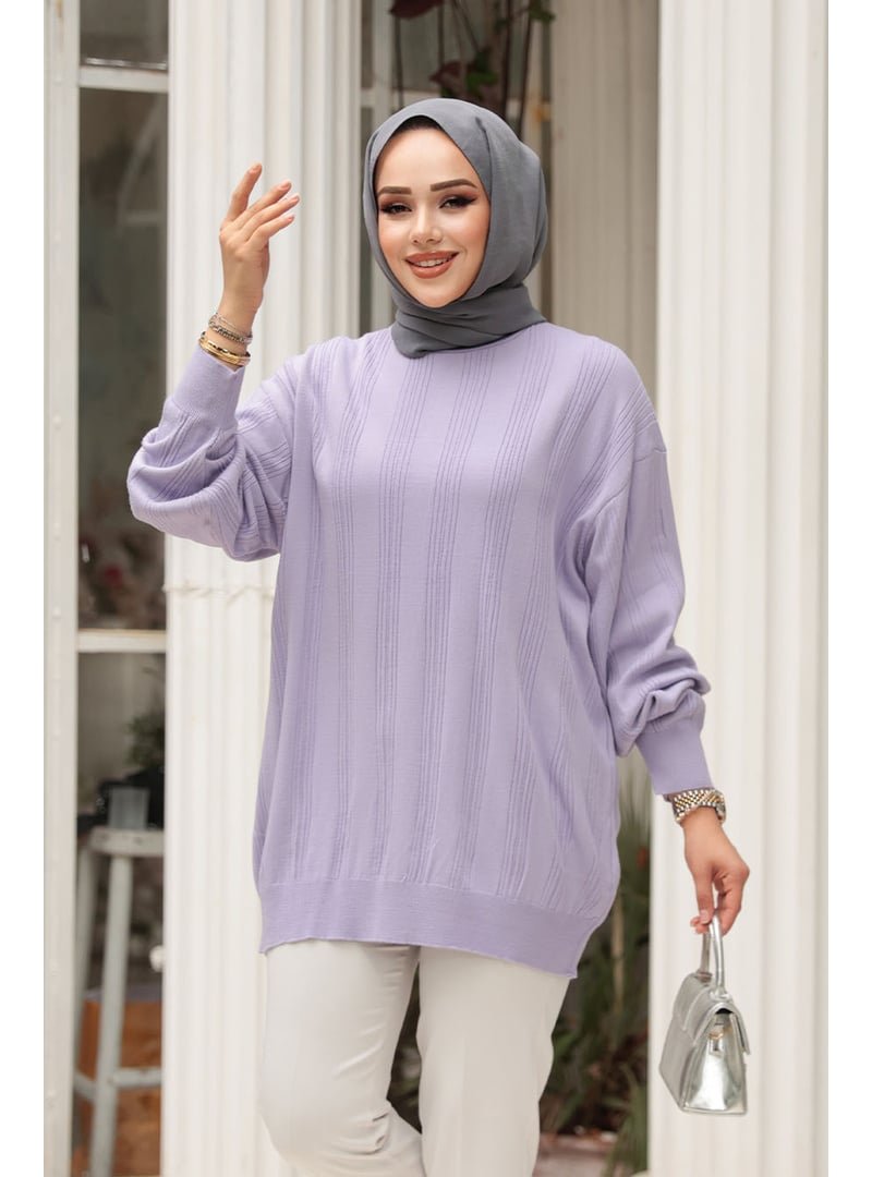 Neva Style Çizgi Detaylı Lila Triko Kazak Tunik 30661lıla