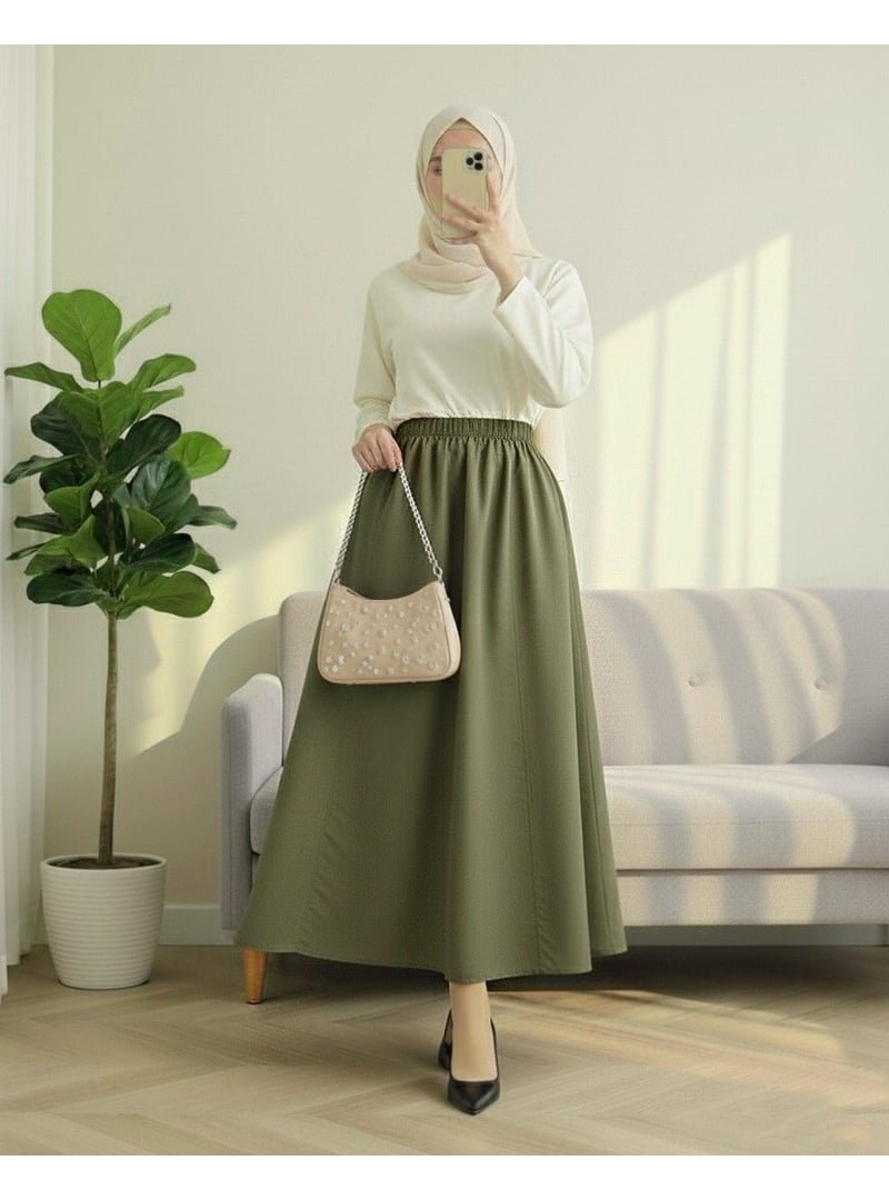 Podyumplus Haki Beli Lastikli Cepli Paraşüt Etek