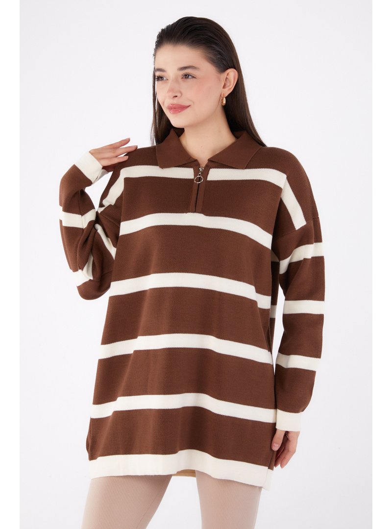 Tofisa Kahve Çizgili Triko Tunik