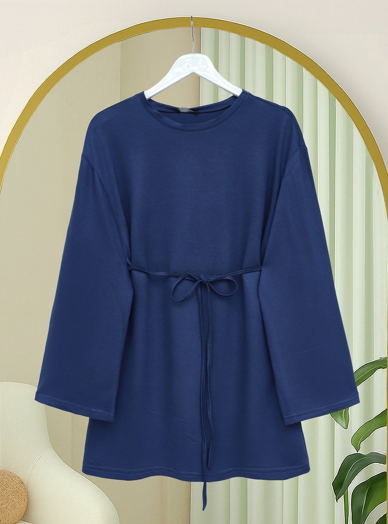 Podyumplus Laci Yuvarlak Yaka Beli Bağlamalı Penye Tunik