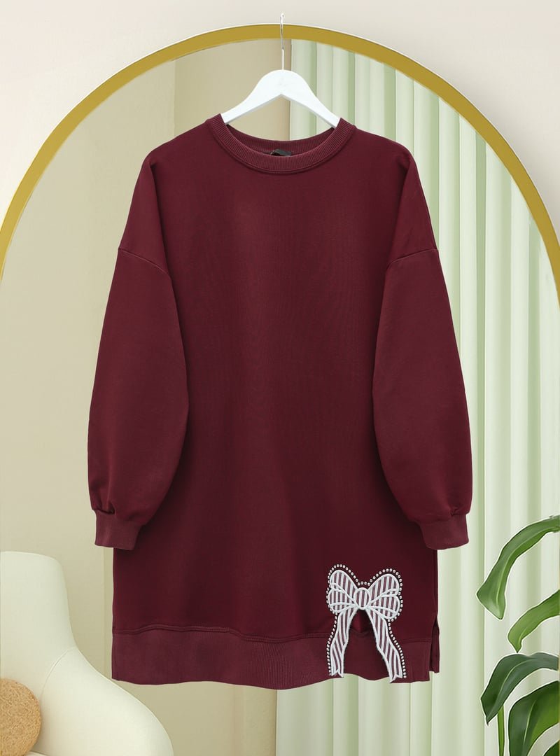 Podyumplus Bordo Yuvarlak Yaka Eteği Fiyonk Detaylı Salaş Penye Tunik Podyumplus Bordo Yuvarlak Yaka Eteği Fiyonk Detaylı Salaş Penye Tunik