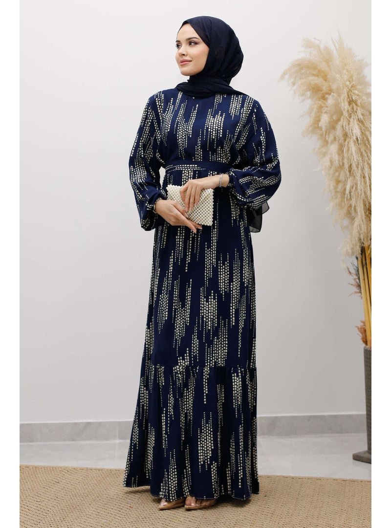 Tesettür Dünyası Lacivert Pötikare Desenli Viskon Elbise