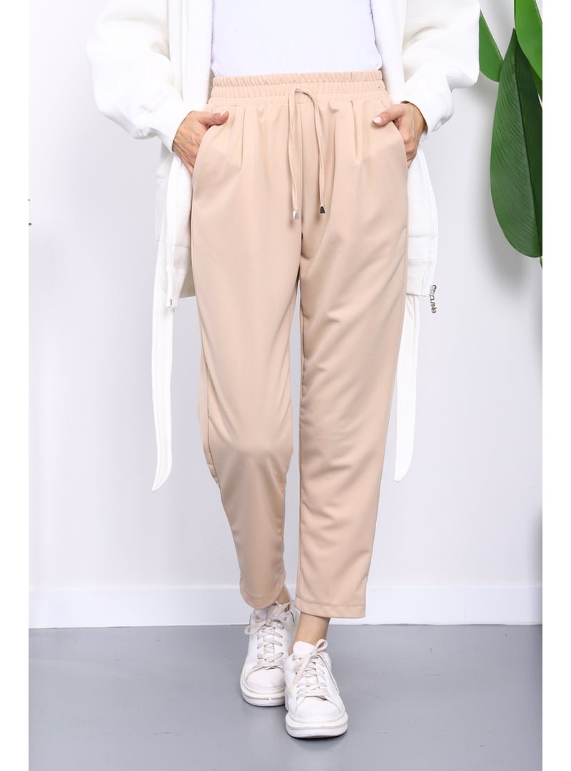 İmaj Butik Bej Beli Lastikli Cepli Double Pantolon İmaj Butik Bej Beli Lastikli Cepli Double Pantolon