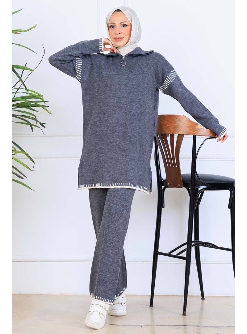 Benguen Antrasit Yakası Fermuarlı Şerit Detay Triko Takım
