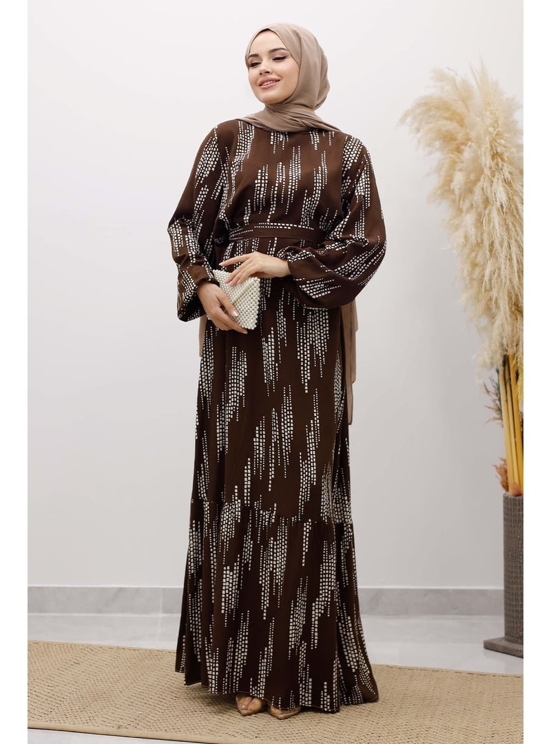 Tesettür Dünyası Kahverengi Pötikare Desenli Viskon Elbise