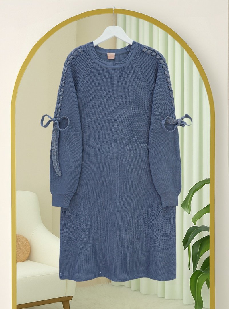 Podyumplus İndigo Omuzu Saç Örgülü Salaş Triko Tunik