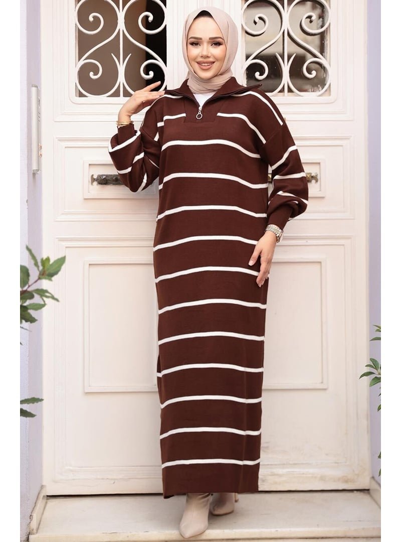 Neva Style Çizgili Kahverengi Triko Elbise 17206kh Neva Style Çizgili Kahverengi Triko Elbise 17206kh