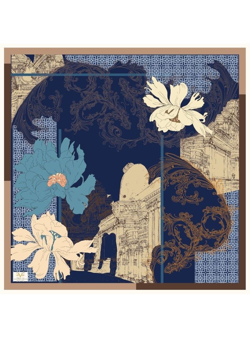 19v69 ITALIA Mavi Desenli Kışlık İtalyan Şifon Eşarp Askısı İle Birlikte 110x110 Cm