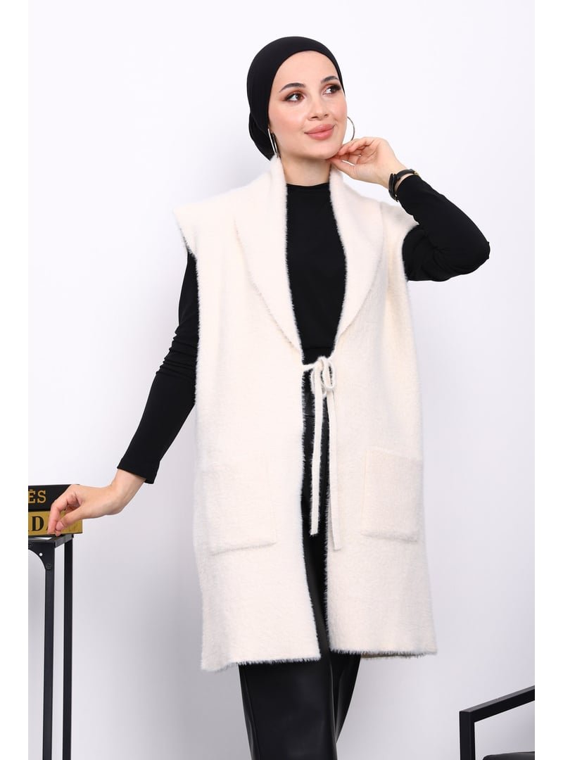İmaj Butik Krem Ön Bağlamalı Cepli Angora Yumoş Yelek