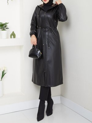 Podyumplus Siyah Kapüşonlu Cepli Beli Bağcıklı Kolu Lastikli Deri Kap