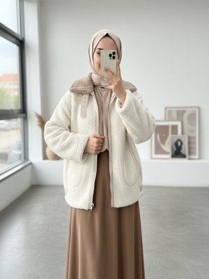 Podyumplus Bej Yakası Garni İçi Astarlı Cep Detaylı Peluş Mont