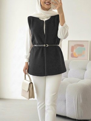 Podyumplus Siyah Beli Kemerli Çift Cepli Astarlı Peluş Yelek