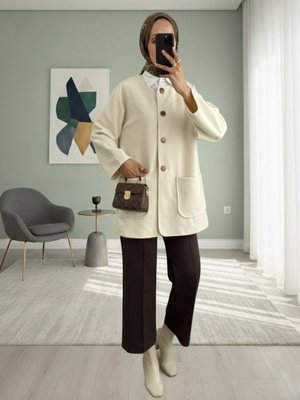 Podyumplus Bej Çift Cepli Önü Düğmeli Kaşe Ceket