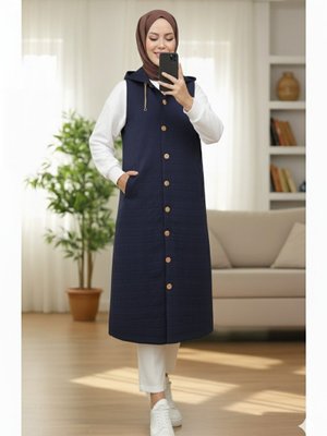 Podyumplus Laci Önü Düğmeli Zincir Detaylı Kapüşonlu Kapitone Yelek