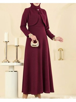 Podyumplus Bordo Ceket Detaylı Simli Broşlu Elbise