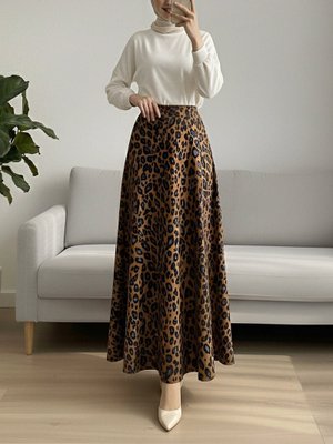 Podyumplus Taba Leopar Desenli Scuba Etek