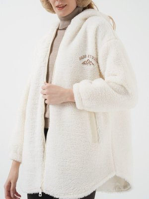 Podyumplus Ekru Kapüşonlu Fermuarlı Kanguru Cepli Astarlı Peluş Mont