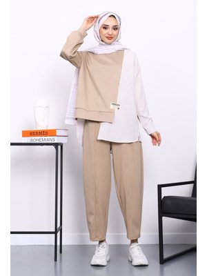 İmaj Butik Bisküvi Garnili Tunik Pantolonlu Çizgili Takım