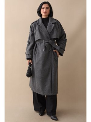 InStyle Apoletli Kuşaklı Oversize Koyu Gri Kaşe Kaban