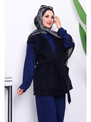 İmaj Butik Lacivert Kruvaze Yaka Kuşaklı Kaşe Yelek