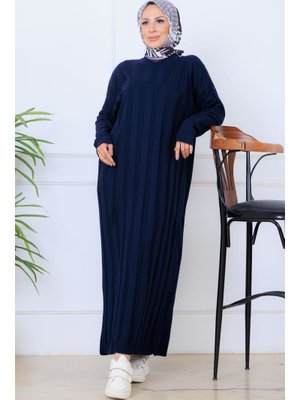 Benguen Lacivert Kendinden Çizgili Triko Elbise