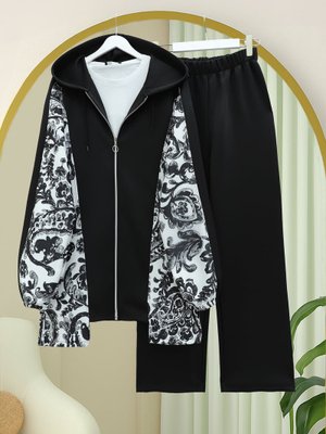 Podyumplus Siyah Fermuarlı Kapüşonlu Yanları Desenli Scuba Takım