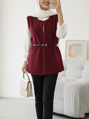 Podyumplus Bordo Beli Kemerli Çift Cepli Astarlı Peluş Yelek