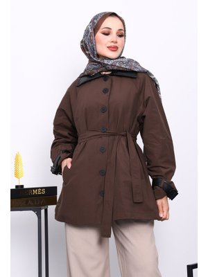 İmaj Butik Kahverengi Deri Detaylı Kuşaklı Trençkot