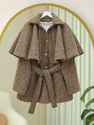 Podyumplus Açık Kahve Bolerolu Beli Kemerli Düğmeli Kaşe Kap