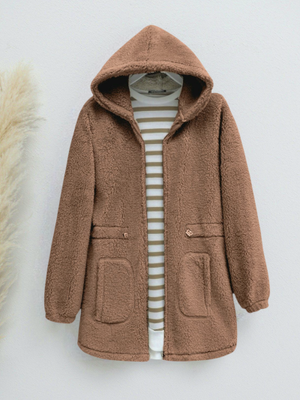 Podyumplus Taba Beli Lastikli Kapüşonlu Fermuarlı Peluş Mont