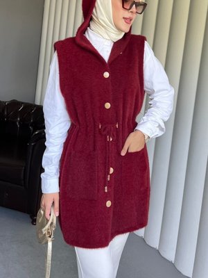 Podyumplus Bordo Kapüşonlu Cepli Beli Bağlamalı Sakallı Yelek