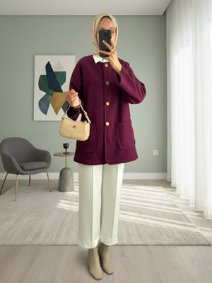 Podyumplus Mürdüm Çift Cepli Önü Düğmeli Kaşe Ceket