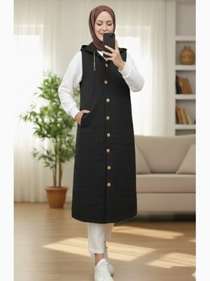 Podyumplus Siyah Önü Düğmeli Zincir Detaylı Kapüşonlu Kapitone Yelek