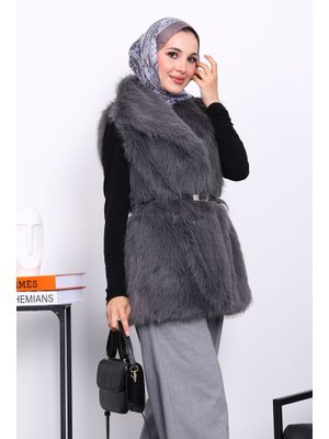 İmaj Butik Füme Astarlı Kemerli Kürk Yelek