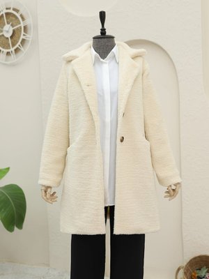 Podyumplus Bej Düğmeli Astarlı Önden Cepli Peluş Kaban