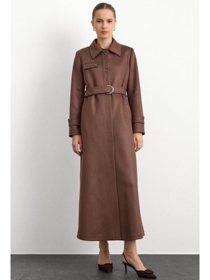 Olcay Gömlek Yaka Çıt Ve Deri Detaylı Gabardin Süet Pardesü Kahve