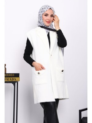 İmaj Butik Ekru Cepli Uzun Angora Yumoş Yelek