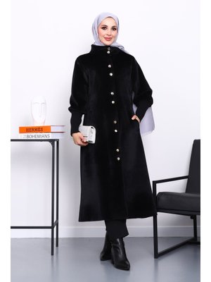 İmaj Butik Siyah Düğmeli Angora Kaşe Kaban